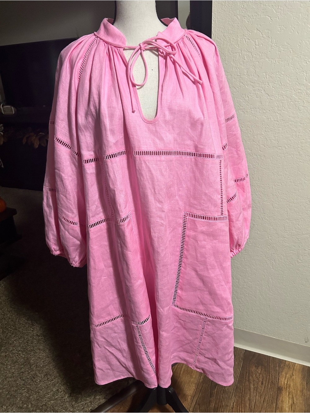 Oroton Bubblegum Pink Ladder Stitch Smock Linen Dress